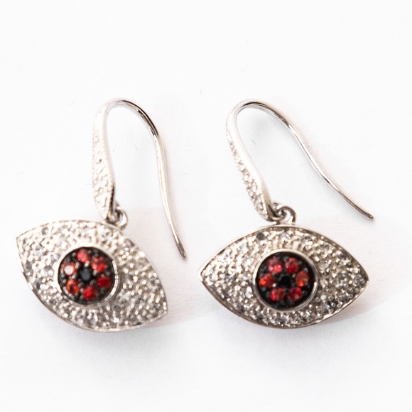 Rarities by Carol Brodie evil eye drop style earrings white topaz & red sapphire - Picture 4 of 14